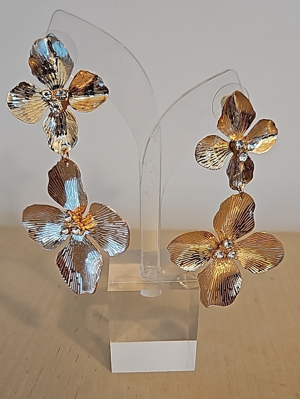 Aldo Gold Floral Double Drop Earrings with Crystal Accents